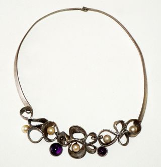 Modernist Silver Colar Necklace W Amethyst & Pearl Pendant By Chiye Oshima (bsg)