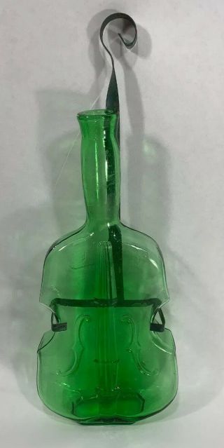 Vintage Hanging Wall Vase Emerald Green Glass Guitar Violin - Fiddle Shaped Bottle