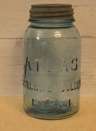 Vintage True Blue Atlas Strong Shoulder Mason Quart Canning Jar W/ Zinc Lid