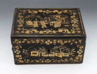 Ornate Antique Chinese Black,  Red And Gold Lacquered Wooden Tea Box