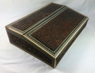 Antique Mid 19th Century Carved Anglo Indian Writing Slope A/f