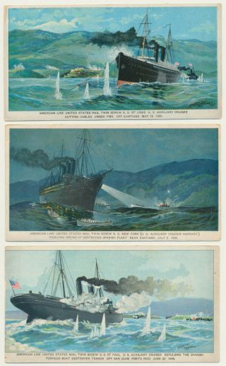 1901 Trade Cards American Line - Spanish American War Ships Pan American Expo Ny