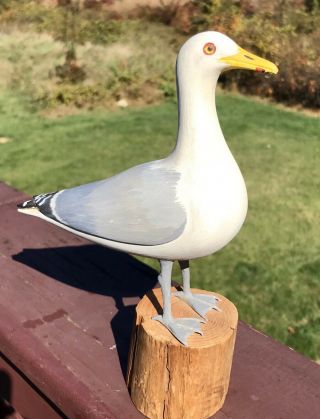 Vintage Hand Carved Wood Seagull Shore Bird Decoy Painted Signed 1984 Glass Eye