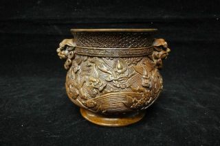 Old Chinese Bronze Incense Burner " Foodog " Heads Censer " Xuande " Marks