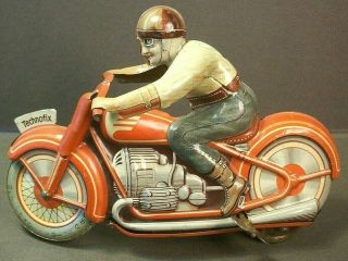 Vintage Technofix Litho Tin Windup Toy Motorcycle & Rider 7 " 1945 - 50