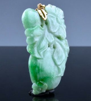 Fine Antique Chinese 14k Gold & Apple Green Jade Jadeite Peaches Foliage Pendant
