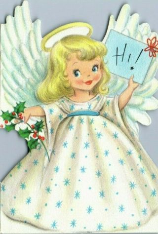 Hallmark Diecut Kid Pretty Angel Girl Lady Blue Star Vtg Christmas Greeting Card