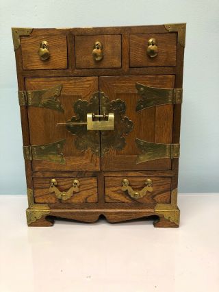 Antique Asian Apothecary Cabinet Wood Brass Early 1900s