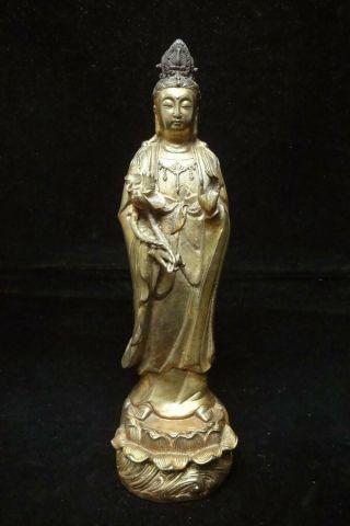 Large Old Chinese Gilt Bronze " Kwanyin " Buddha Statue Marked " Qianlong "
