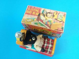 Vintage Linemar Tin Battery Operated Sleeping Baby Bear W/original Box