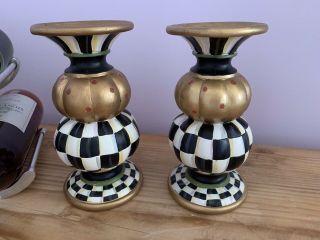 Mackenzie Childs Set Of 2 Pumpkin/courtly Check Pillar Candle Holders