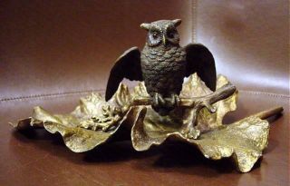 Fine Cast Bronze Ink Well/stand Figural Glass Eyed Owl On Branch & Large Leaf