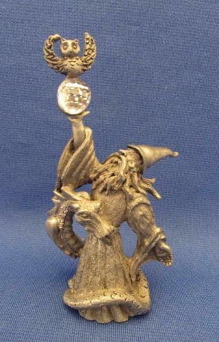 Pewter Wizard With Dragon,  Owl & Crystal Ball Figurine - Spoontiques Pewter
