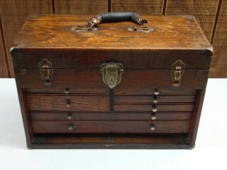 Vintage Oak Wood Tool / Machinists Chest Cabinet 7 Drawer W Key