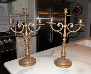 Vintage Pair (2) Ornate Brass Candelabras Candle Sticks 18 3/4 " Tall