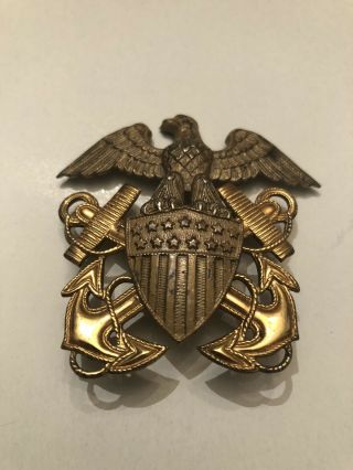 Wwii Large Sterling Silver / 1/20 10k Gold Navy Officer Hat Badge / Pin Amcr