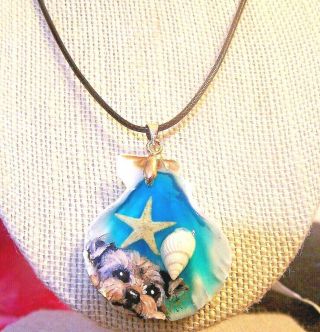 Hand Painted Yorkie On Sea Themeed Pendant And Long Black Cord