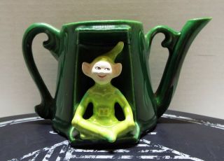 Vintage Treasure Craft Green Pixie Elf Sitting On Green Teapot Planter 3 - 3/4 "