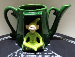 Vintage Treasure Craft Green Pixie Elf Sitting on Green Teapot Planter 3 - 3/4 