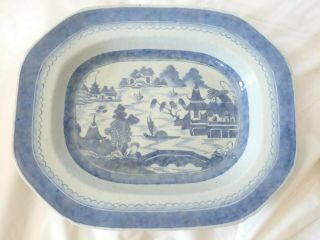 Antique Canton Blue & White Chinese Export 13 " Platter Bowl 2 3/8 Deep 1850 