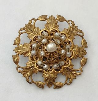 Vintage Miriam Haskell Signed Gold Tone Faux Pearl Floral Brooch Pin Jewelry