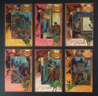 Vintage Halloween Postcards - Set Of 6 - Nash Series No.  4 - Pranks,  Witch Borders