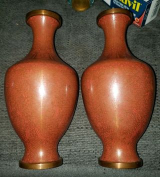 Set Of 2 Antique Qing Chinese Oxblood Intricate Detailed Cloisonne Vases Bronze