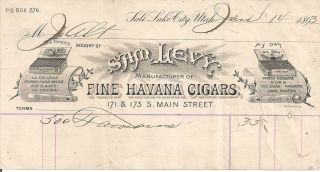 1893 Sam Levy Fine Havana Cigars Salt Lake City Utah Illustrated Billhead
