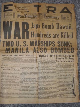 Wwii San Francisco Examiner War Pearl Harbor Dec.  8,  1941 Newspaper