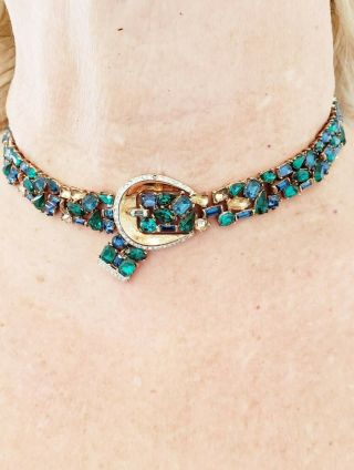 Vintage Crown Trifari Blue Green Rhinestone Gold Tone Collar Choker Necklace