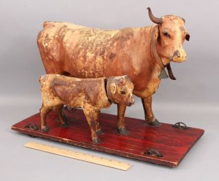 Large 19thc Antique Folk Art Painted Paper - Mache Cow French Automaton Pull Toy