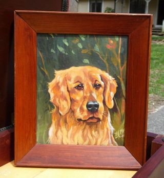 Vintage Mid Century Modern Oil Painting On Board Dog Portrait Framed & Signed