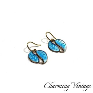 Vintage David Andersen Sterling Silver Norway Blue Enamel Leaf Design Earrings