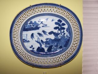 19th C.  Plate Bowl Antique Chinese Export Blue Canton Reticulated Very Fine