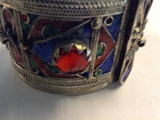 Vintage Moroccan Berber Tribal Cuff Hinged Bracelet Silver Alloy & Enamel Color