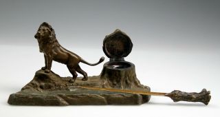 Antique Austrian Bronze Lion Figure Inkwell & Letter Opener Desk Set