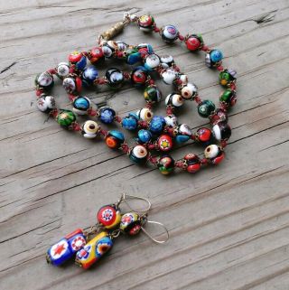 Vintage Old Venetian Murano Set Millefiori Glass Bead Necklace And Earrings 18 "