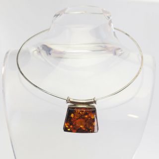 Vintage Baltic Amber With Inclusions Modernist Sterling Silver Pendant Necklace
