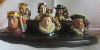 Royal Doulton Set Of 6 Tiny Kings & Queens Of The Realm.  And Stand