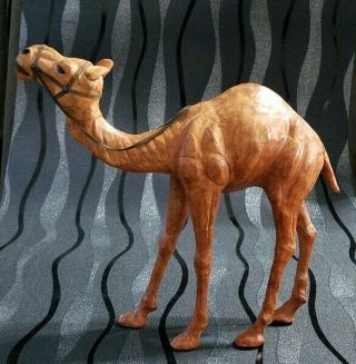 12” Tall Vintage Old Handmade Leather Camel Statue Figure