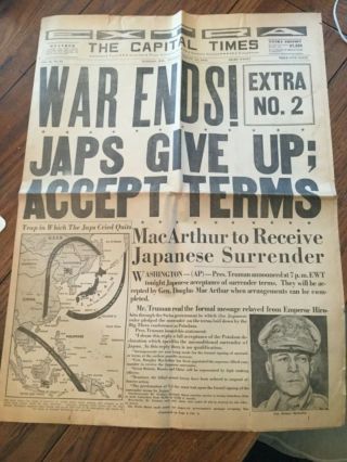 Wwii August 14 1945 War Ends Newspaper Wisc Capital Times