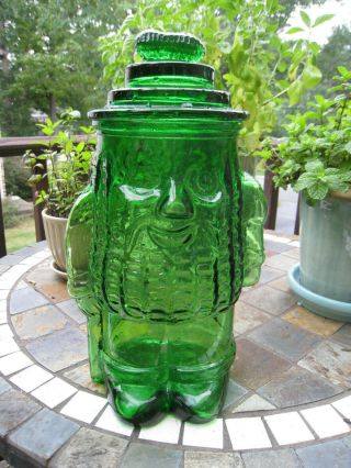 Vintage Mr.  Peanut Figural Green Glass Lidded Jar