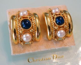 Vtg Christian Dior Mogul Flawed Sapphire Gripoix Pearl Gold Huge Runway Earrings