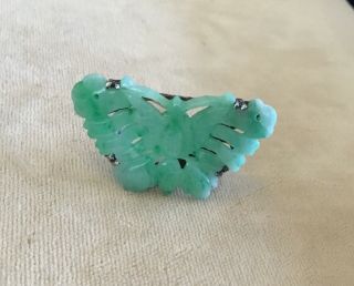 Antique Carved Jade Butterfly Ring - Sterling Silver