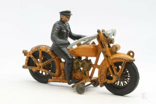 Antique Hubley Harley Davidson Cast Iron In Orange W/policeman Police Motorcycle