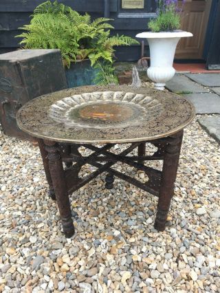 Antique Anglo Indian Carved Folding Side Table With Brass Tray