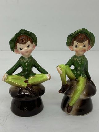 Vintage Enesco Pixie Elf On Toadstool / Mushroom Salt & Pepper Set Japan 60s 70s