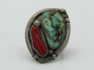 Large Vintage Southwestern Sterling Silver Coral & Turquoise Ring Size 10.  5