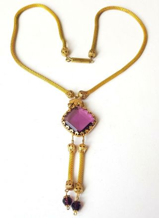Vintage Art Deco Czech Amethyst Glass Pendant Tassels Necklace