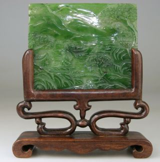 ANTIQUE CHINESE SPINACH JADE CARVED PLAQUE LANDSCAPE WOOD STAND - REPUBLIC 20TH 2